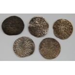 England, 5 various hammered silver pennies, to include; Henry II, Henry III, Edward I,