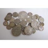 Mixed lot of silver British and world coins, to include; 1940 half crown, 1812 demi-franc,