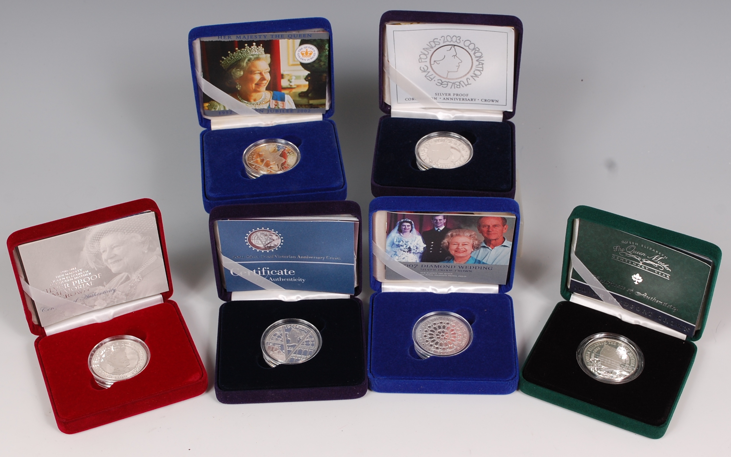 Great Britain, six various cased silver proof crowns, to include; 2007 diamond wedding crown,