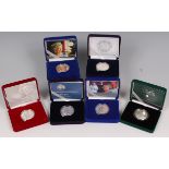 Great Britain, six various cased silver proof crowns, to include; 2007 diamond wedding crown,