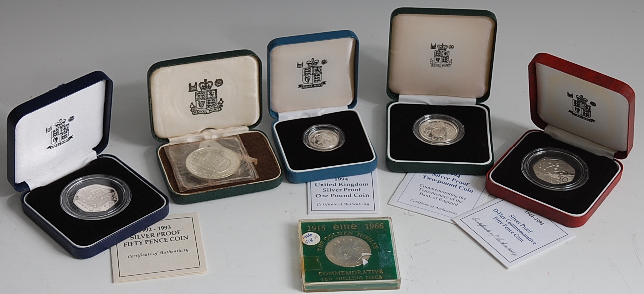 Six silver proof coins, to include; 1994 D-Day fifty pence, 1994 two pounds, 1994 one pound,
