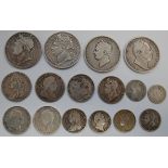 Great Britain, 16 various William III and later silver coins, to include; half crowns, shillings,