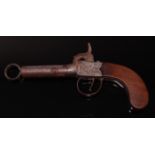 A 19th century percussion box lock pocket pistol, having a 6cm turn-off steel barrel,