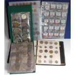 Three albums of British and world coins, to include; George III and later pennies, USA half dollars,