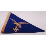 A German Luftwaffe double sided pennant having embroidered eagle and swastika emblem, 34cm.