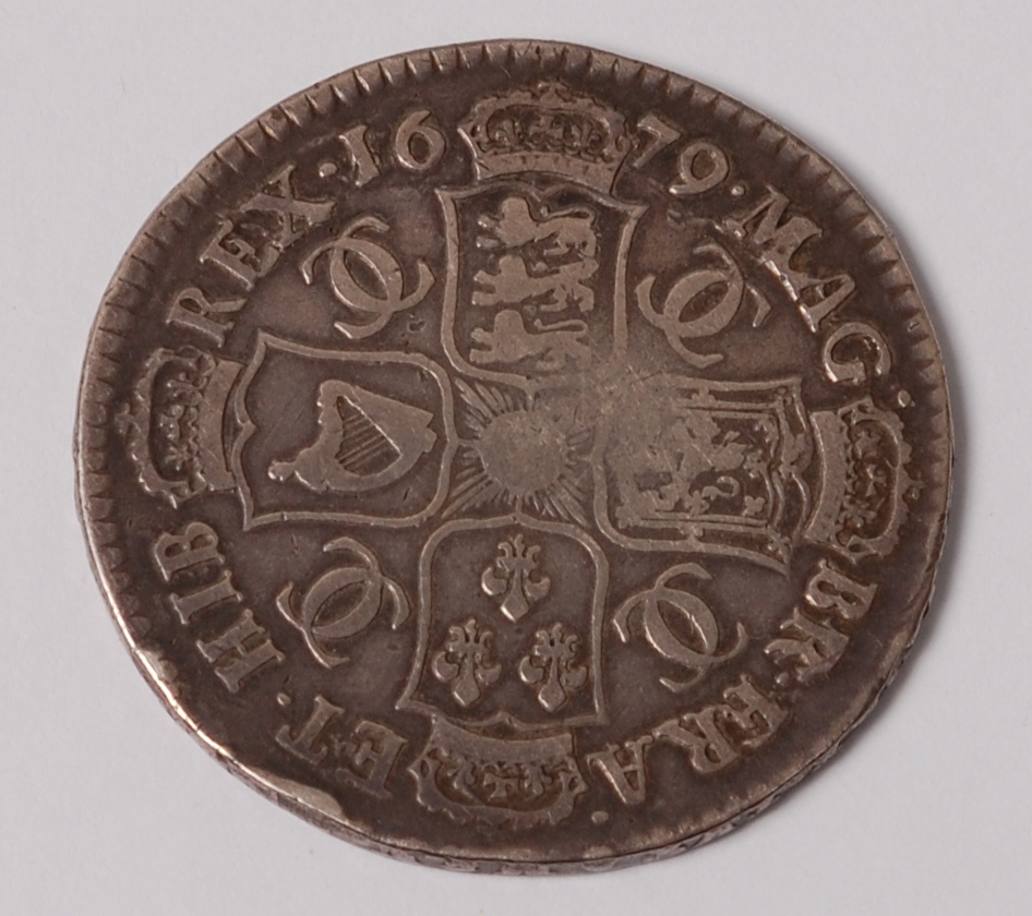 England, 1679 half crown, Charles II laureate and draped fourth bust, rev. - Image 2 of 2