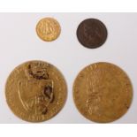 Mixed lot of four coins, to include; 1865 Mexican gold 'fantasy' coin, small Victoria one penny,