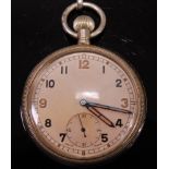A miltary issue nickel cased open face pocket watch, having an enamel dial with Arabic numerals,
