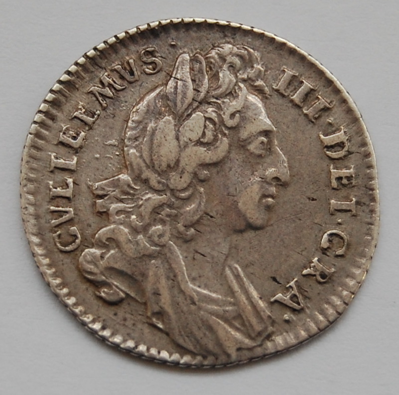 England, 1697 sixpence, William III first bust, rev.