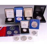 Mixed lot of 9 silver proof coins and coin sets, to include; cased 2014 'Death of Queen Anne' coin,