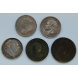 Great Britain, mixed lot, to include; 1694 William & Mary farthing, 1806 George III Irish farthing,