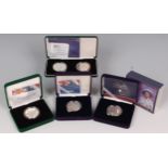 Great Britain, four cased silver proof crowns, to include; 2000 silver five pound 2-coin set,