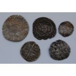 England, 5 various hammered silver coins, to include; Henry VI Calais mint groat (amulet type),
