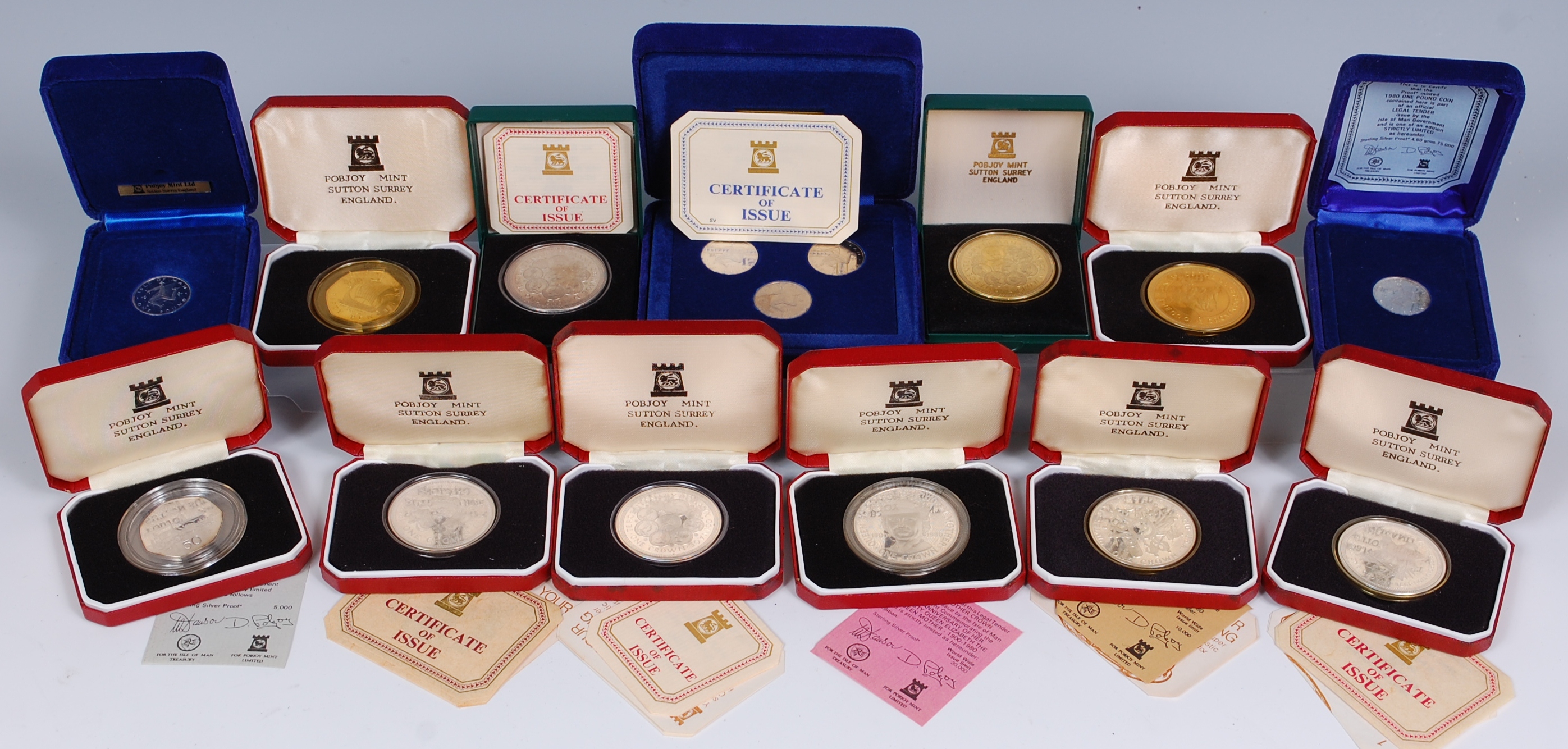 Great Britain, thirteen various cased Isle of Man Pobjoy mint silver coins,