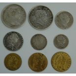 Great Britain, nine George III coins and tokens, to include; 1817 and 1819 half crowns,