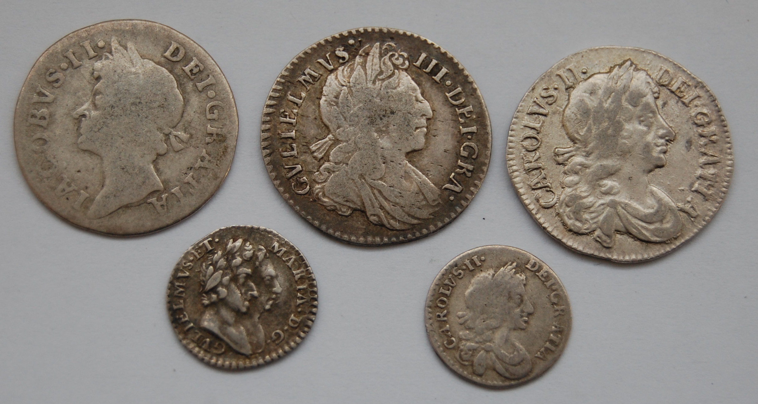 England, 5 early milled Maundy Money coins, to include; 1670 Charles II penny,