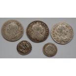 England, 5 early milled Maundy Money coins, to include; 1670 Charles II penny,