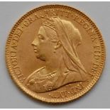 Great Britain, gold half sovereign, Victoria veil head, rev.