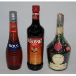 Dubonnet, one bottle; Bols Cherry Liqueur, one bottle; and Benedictine Liqueur,