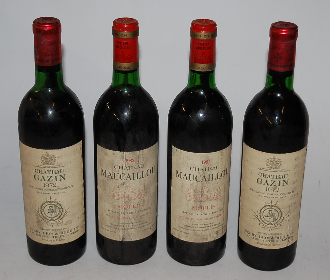 Château Gazin, 1972, Pomerol, two bottles; and Château Maucaillou, 1982, Moulis-en-Medoc,