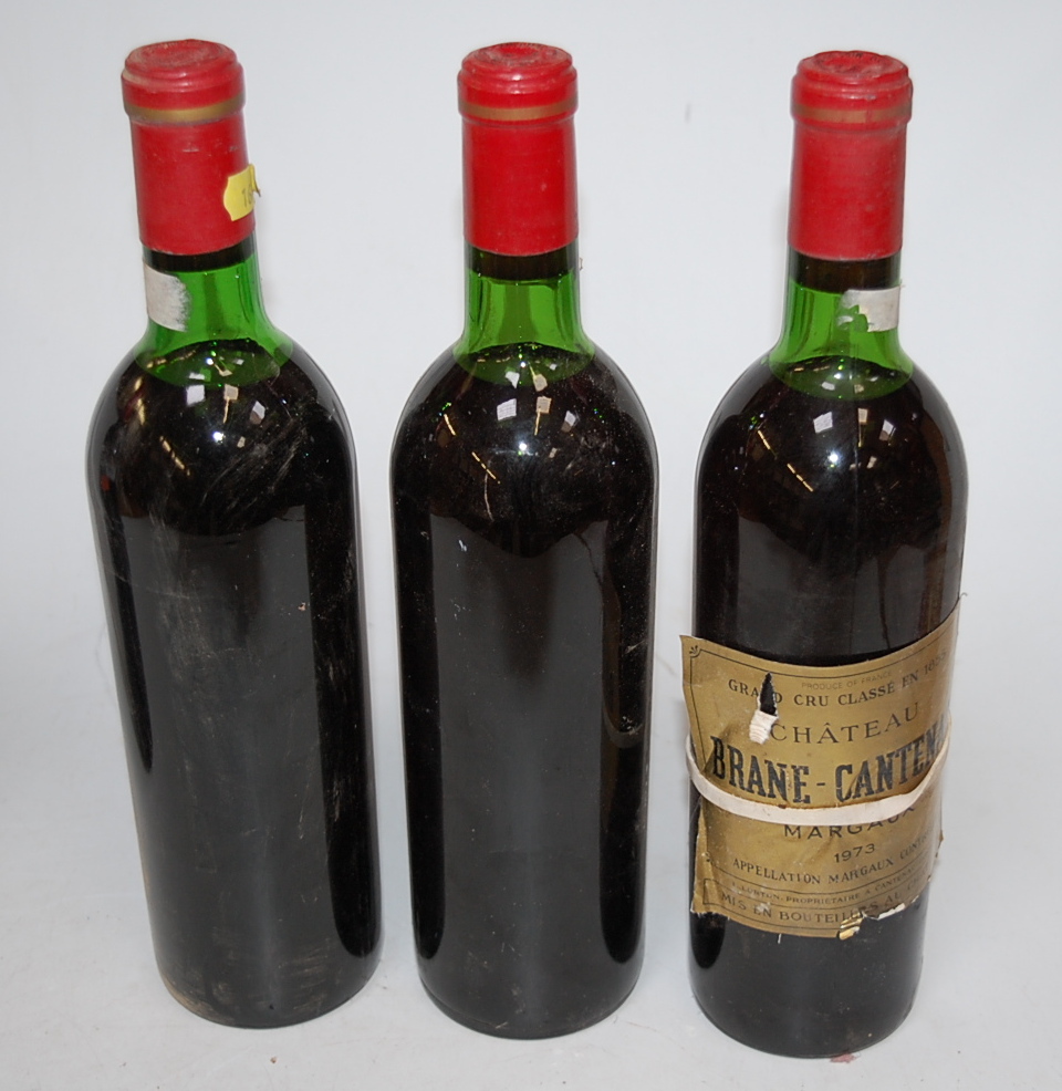 Château Brane-Cantenac, 1973, Margaux, three bottles (one with distressed label,