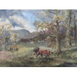 A Juliet M Tolford oil painting depicting cattle grazing