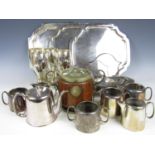 A quantity of electroplate including trays, a biscuit barrel and goblets etc