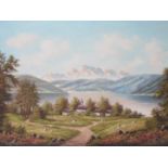 A large continental Alpine lake view in oil on canvas