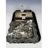 An electroplate tray and various cutlery together with a silver collared scent bottle