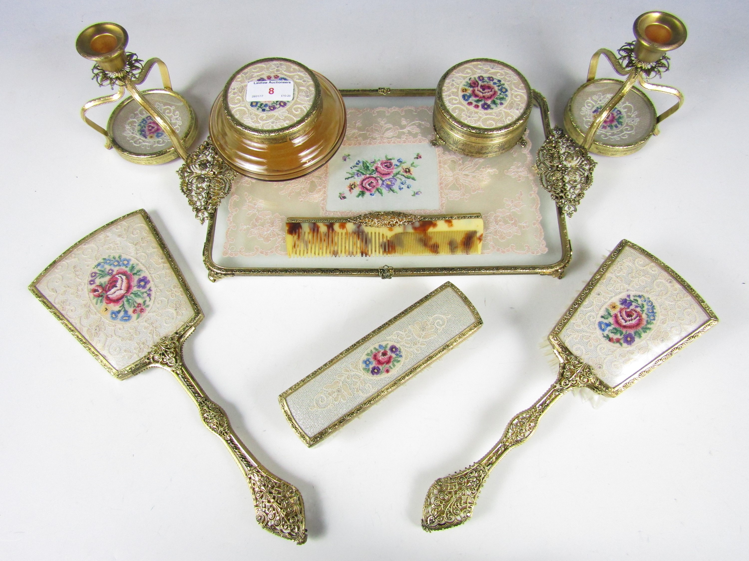 A vintage petit point dressing table set