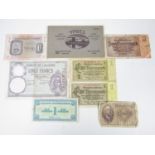 Second World War military and other bank notes together with a First World War Ypres postcard book