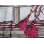 A pair of striped brocade and velvet lined curtains, in burgundy, green and mocha, 255 x 320 cm,