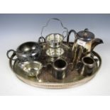 An electroplate galleried tray together with a sugar bowl and a three piece coffee set etc