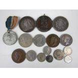 Sundry coins including an 1897 silver crown and an 1875 five franc coin