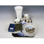 A Royal Doulton moon flower vase together with Carlisle crested china and two enamelled boxes