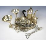 A small electroplate oval tray together with a coffee pot, two goblets, a sugar and cream duo etc