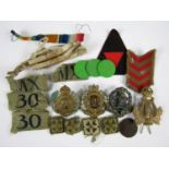 Home Guard cloth badges together with enamel badges, tokens etc