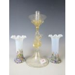 A Venetian aventurine glass candlestick together with a pair of vaseline glass vases