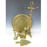 A brass tray together with a trivet and a pair of candlesticks etc