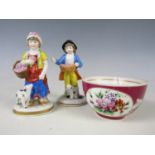 Two reproduction Chelsea gold anchor marked figurines together with a hand enamelled Russian