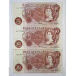 Three various Queen Elizabeth II ten-shilling bank notes