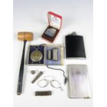 Sundry collectors' items including a turned wooden gavel, a cased Colibri Monomatic lighter, a