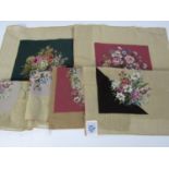 Six woolwork panels incorporating gros point and petit point needlework, each in a floral design (