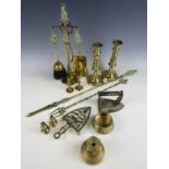 An HMS Revenge brass companion set together with a poker, poker stand, toasting fork, two pairs of