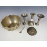 A pair of silver spill vases (one a/f), a silver capstan inkwell, a silver candlestick and an Indian