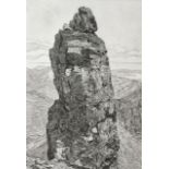 Jean Thomas (Contemporary) Inaccessible Pinnacle, monochromatic and atmospheric depiction of a