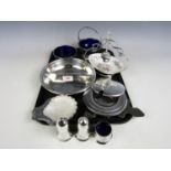 A quantity of electroplate including butter dishes, a cruet set and coasters etc.