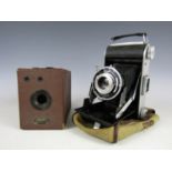 A vintage Coronet box camera and an Ensign Ranger 2 folding rollfilm camera