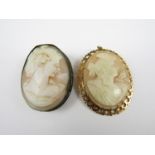 A yellow metal mounted shell cameo brooch (tested as 9ct gold) together with one other cameo brooch