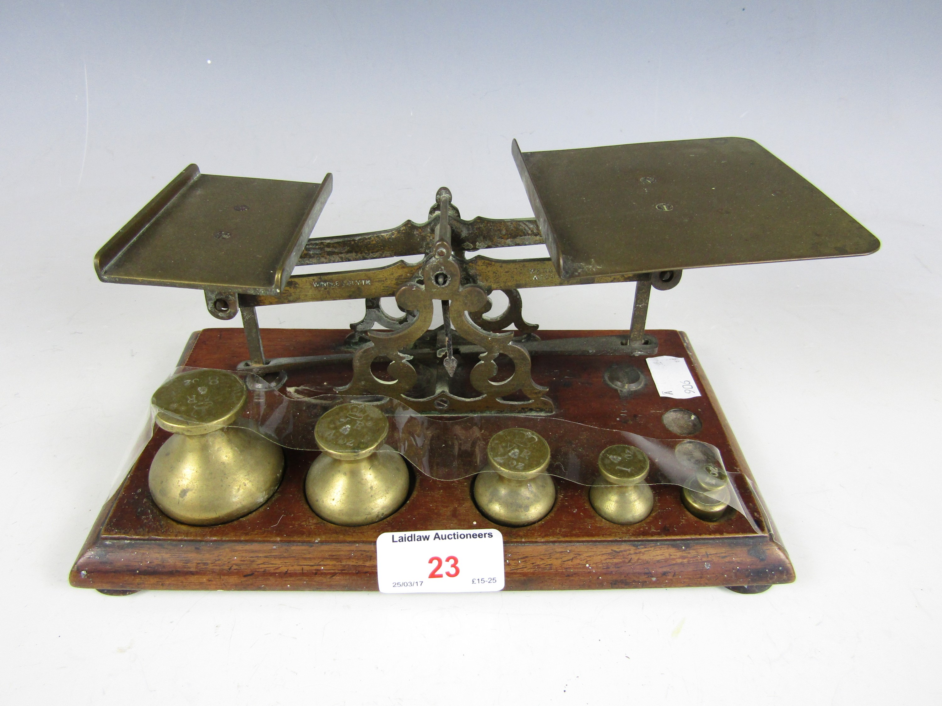 Antique brass postal scales with weights